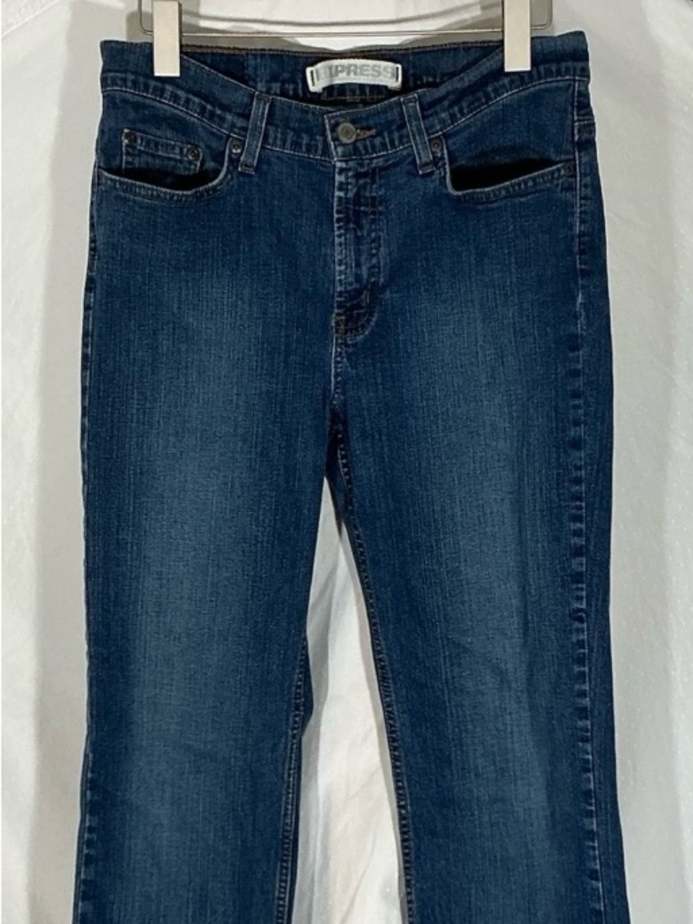 Express Blue Denim Jeans with Tan Leather Patch